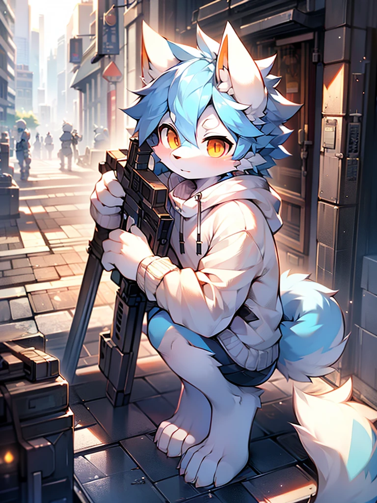 Standing on the rooftop holding a silver sniper rifle white fur orange eyes light blue hair squatting wearing a white sweater