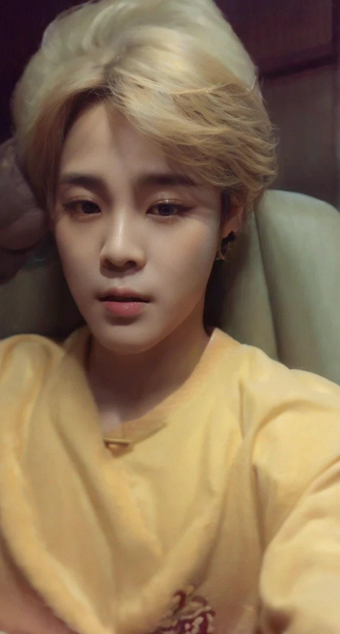 Korean singer, park jimin, black robes, young man, handsome gentleman, hair blonde, a room at the back, good lighting, Selfie angle, ultra HD, work of art, extremely detaild