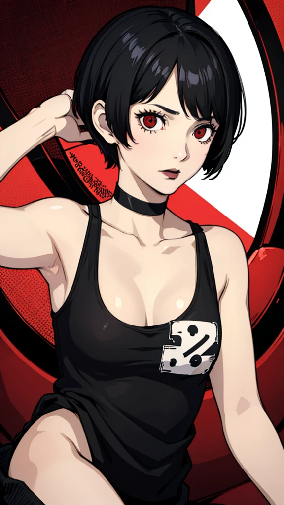 1 girl, milf, Red eyes, very Short hair, black choker, black lipstick, unexpresive, black hair,tomboy Pixie haircut, small breast, face portrait, tank top