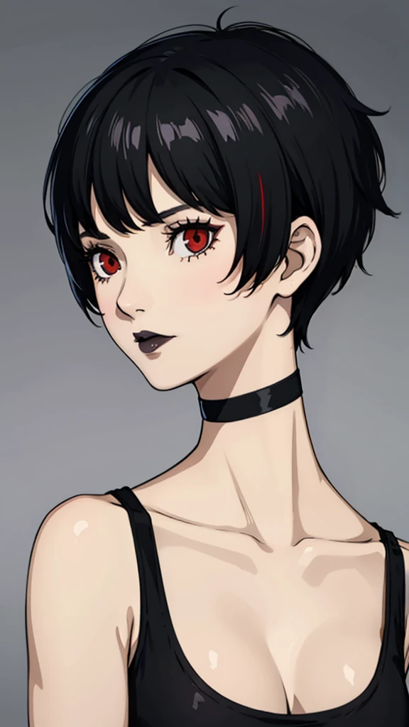 1 girl, milf, Red eyes, very Short hair, black choker, black lipstick, unexpresive, black hair,tomboy Pixie haircut, small breast, face portrait, tank top