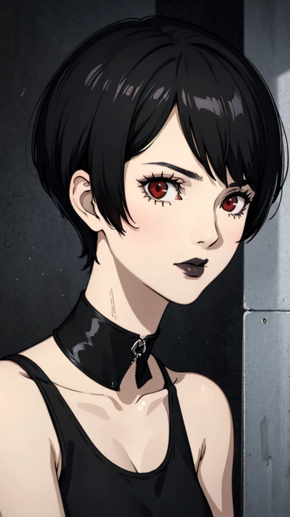 1 girl, milf, Red eyes, very Short hair, black choker, black lipstick, unexpresive, black hair,tomboy Pixie haircut, small breast, face portrait, tank top
