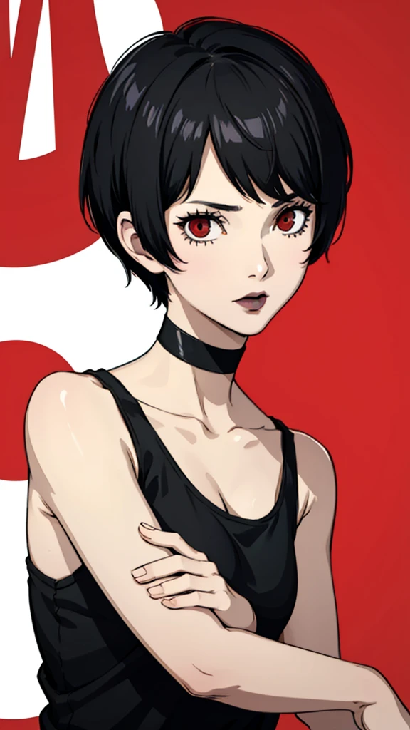 1 girl, milf, Red eyes, very Short hair, black choker, black lipstick, unexpresive, black hair,tomboy Pixie haircut, small breast, face portrait, tank top