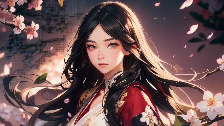 a beautiful young woman with flowing black hair, looking directly at the viewer, surrounded by cherry blossom petals floating through the air, cinematic lighting, intricate details, highly detailed, photorealistic, masterpiece