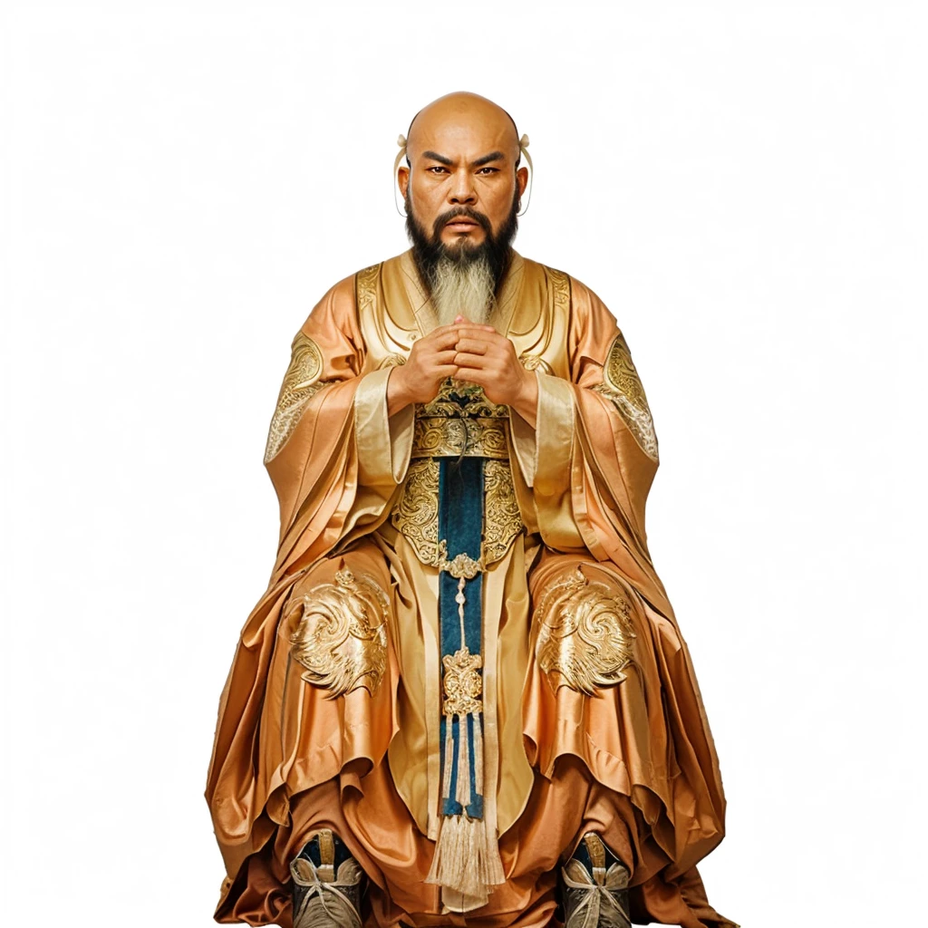 ancient chinese man with beard, emperor robe, holding a white arrow shape Metalplate,  dragon patterns on robe, furious face, big eye, big eyebrow, bald