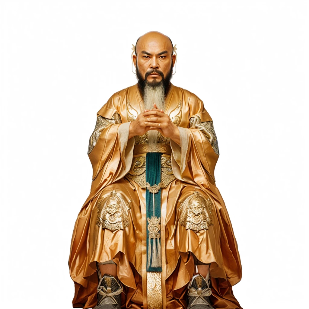 ancient chinese man with beard, emperor robe, holding a white arrow shape Metalplate, dragon patterns on robe, furious face, big eye, big eyebrow, bald