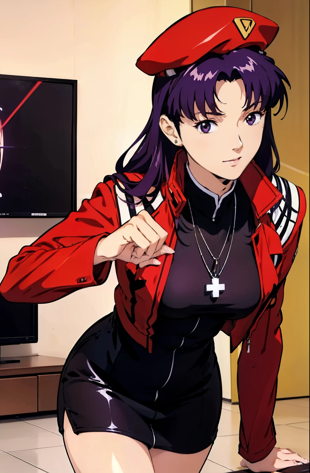 1 Female, clothing: black bodycon, Short tight black dress, The eyes are brown, Purple Hair, Medium Hair, compensate, Cross Necklace, expensive, The body is slim, Misato katsuragi (Hmph), (((Misato katsuragi))), indoor, living room, (((Front view))), View Viewer, Nice thighs, Perfectly detailed face, Detailed hands and fingers, Masterpiece 1.1, Trending on Art Station, pixiv quality, (((Fine art:jaw))), Exquisitely crafted, Ultra Graphics, sfw version, (((Mature 1.1))), clothing: Jacker, Red jacket, Red bullet hat、Symmetrical face、