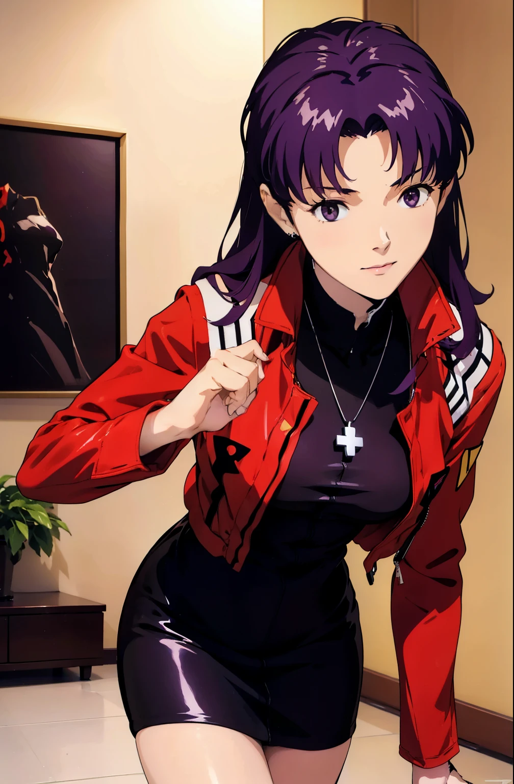 1 Female, clothing: black bodycon, Short tight black dress, The eyes are brown, Purple Hair, Medium Hair, compensate, Cross Necklace, expensive, The body is slim, Misato katsuragi (Hmph), (((Misato katsuragi))), indoor, living room, (((Front view))), View Viewer, Nice thighs, Perfectly detailed face, Detailed hands and fingers, Masterpiece 1.1, Trending on Art Station, pixiv quality, (((Fine art:jaw))), Exquisitely crafted, Ultra Graphics, sfw version, (((Mature 1.1))), clothing: Jacker, Red jacket, Red bullet hat、Symmetrical face、