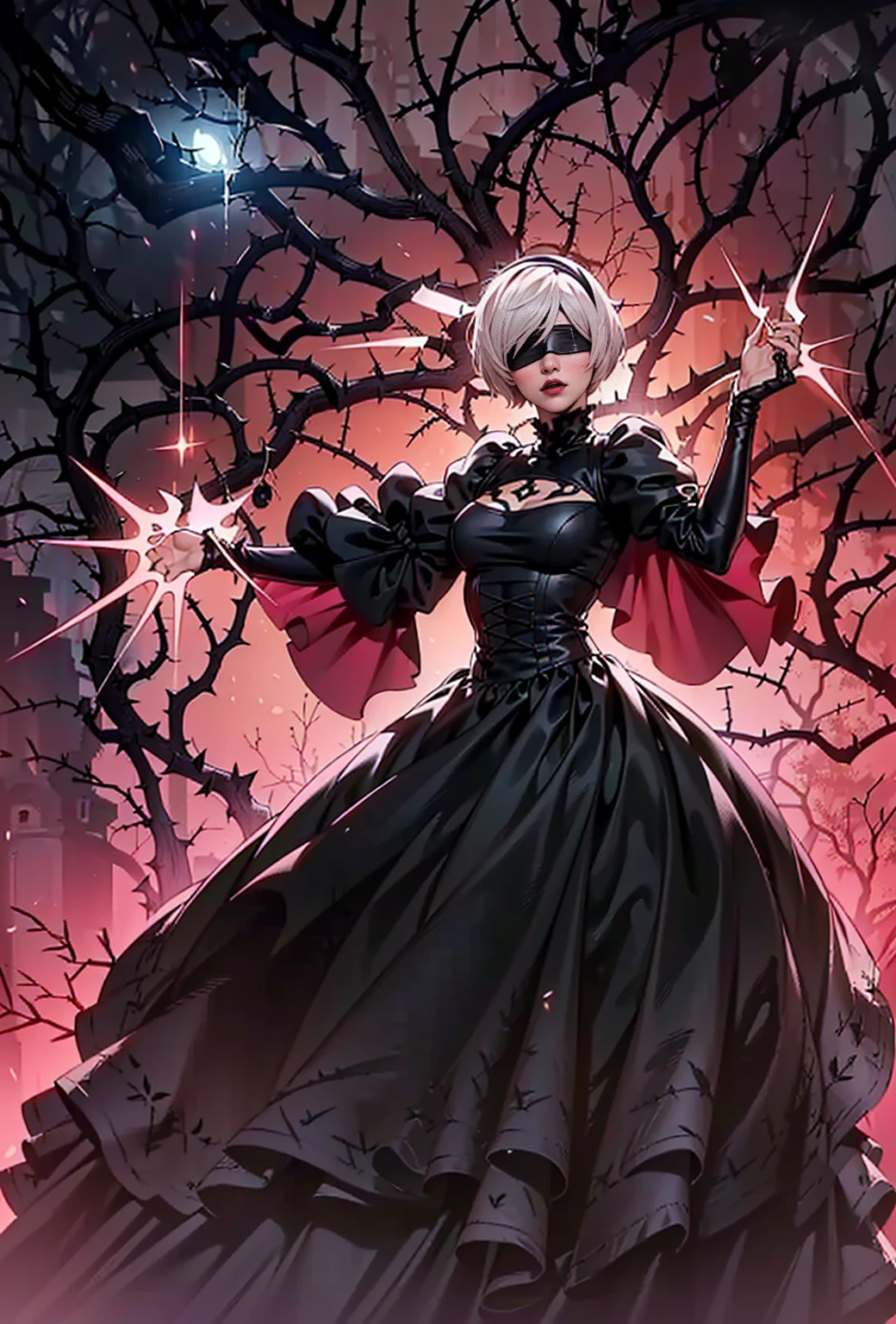 (1girl, Alone, alone), (YoRHa No.2 Type B, 2B, 1girl, solo, short hair, white hair, hairband, blindfold, covered eyes, black blindfold), ((Alone, (1woman,pink lipstick), extremely detailed , Soft ambient lighting, 4K, perfect eyes, a perfect face, Perfect Lighting, the 1 girl)), ((fitness, , shapely body, athletic body, toned body)) , ((long black dress, puffy dress, ruffled dress, dry branches, thorns, victorian dress, twilight, magic, magic casting, princess))