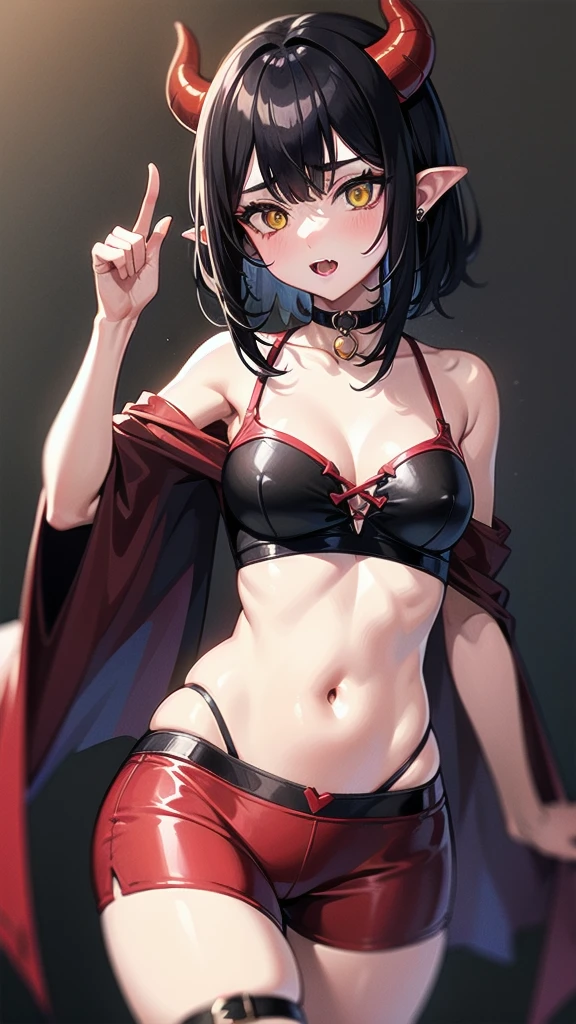 Devil Girl, Black Hair, Pointed Ears, Yellow Eyes, short hair, choker, , Devil horns, Devil's Tail, Red Corner, break (Sticking out tongue:1.2, Black mini skirt:1.2, Gold Bikini:1.5, Gold Micro Bikini, shirt:1.2), (Red skin:1.8), Shiny skin, On the bed, pillow, break large breasts, Wide Hips, Open your mouth, Nipples, Happy, smile, Blushing, Breath Cheek, Sweat, Take off, break (Focus on the girl),(High school uniform)