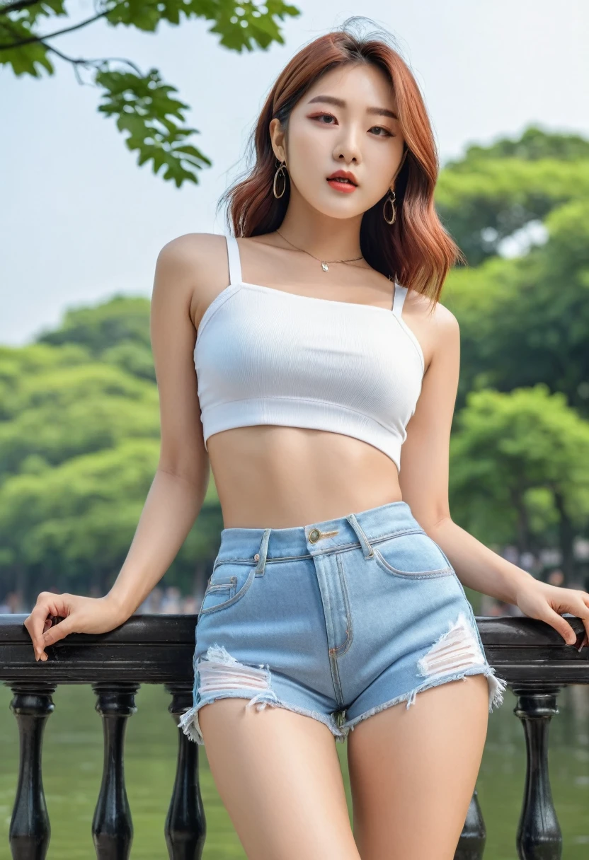 ((Best high quality:1.2)), (8k), extremely detailed, ((High detail:1.2)), (HotLexi woman), ((Park So-dam)), Solo, 24 year old female, (crop top, mini-shorts), ((extremely beautiful and perfect face:1.4)), 