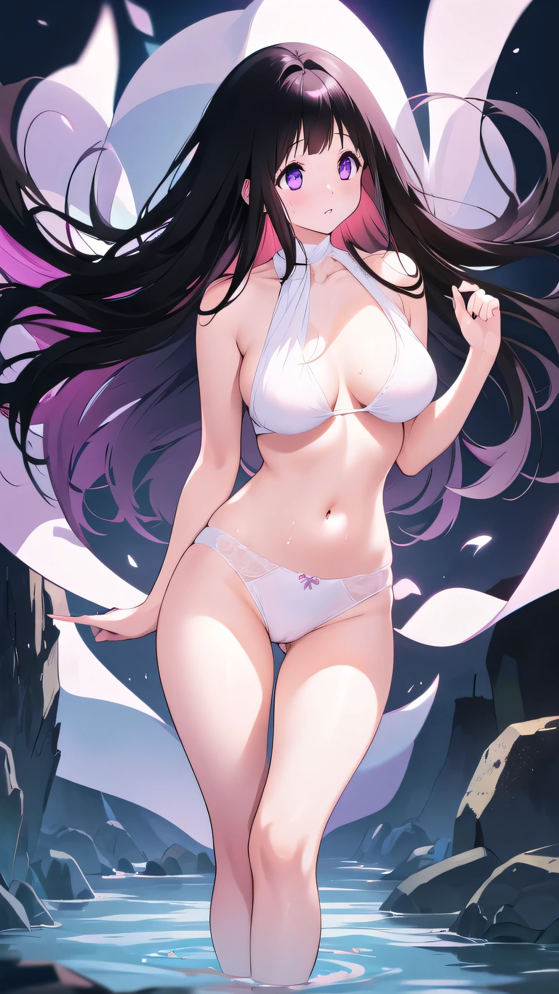 Beautiful Chitanda，There is only one beautiful girl，Purple Eyes, Black Hair, Natural straight hair, Straight bangs，Extremely refined，open your lips，Face is so red，Very white skin，Skin as delicate as porcelain，Glowing skin，big eyes，Flowing long hair，beautiful girl, Like a dream，Slim，Slim waist，soft, (sensuous), (Kawaii), Dream quality，in the river，Hands covering thighs，Sweaty and sweaty，Profile，Side breasts，Underwear Rain，（Completely naked），Gluteal groove，Completely naked back，nacked hip，Bare belly，very close，Deep V neckline，Loose neckline，Beautiful big breasts，No pants，Delicate clavicle，Delicate hands and feet，Bare neck，There are no clothes around the neck，Bare thighs，Exposing the groin，Camel toe，extremely shy，Ultra-high resolution, (masterpiece:1.2, best quality), (Delicate and beautiful eyes: 1.2), (Beautiful and delicate face)