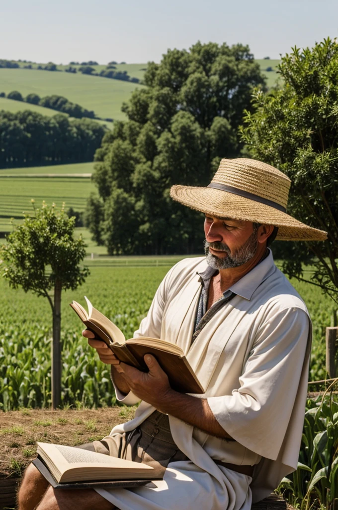 a farmer wearing a toga, and reading a book