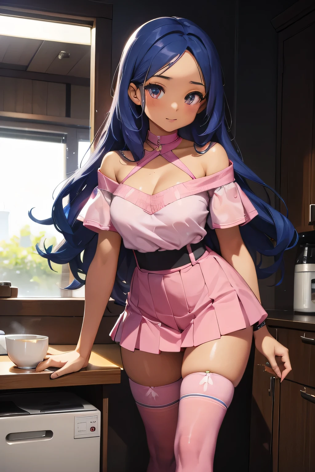 1 girl, single girl, sexy girl, wavy blue hair, dark skin, tanned skin, big breasts and wide hips, pink top with a heart-shaped neckline, a small dark pink skirt, a long pink boot, telephone on one side, in an Penthouse