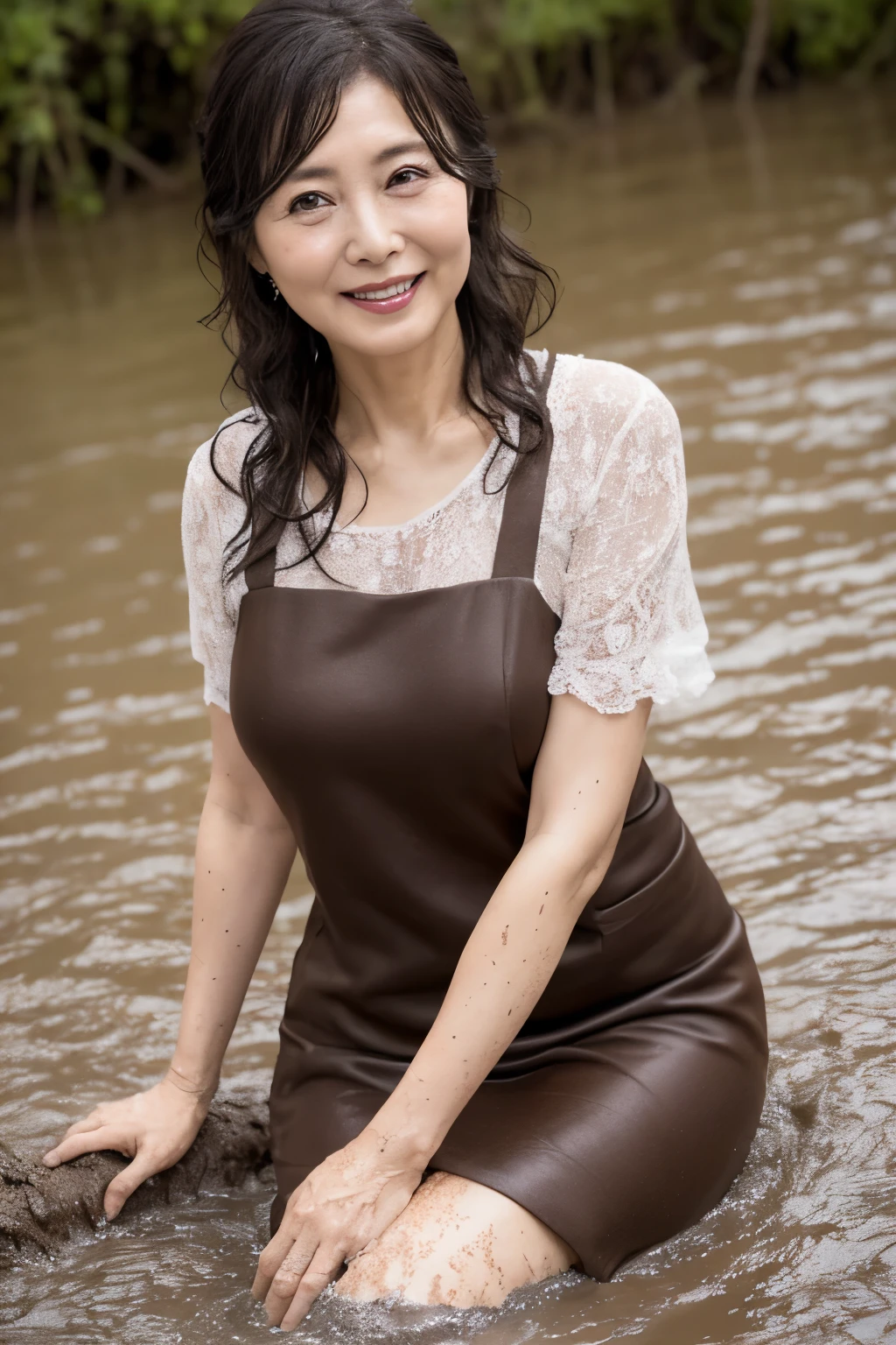 Aunt in Osaka、Organic Photography、best quality、masterpiece、Ultra-high resolution、Beautiful Japanese old lady、60 years old、looking at the audience、Elegant face、Toothy Smile、Large Breasts、wearing a modest dress、Wavy Hair、mini skirt、Hot Pants, In the mud，Lots of mud and water，Background blur