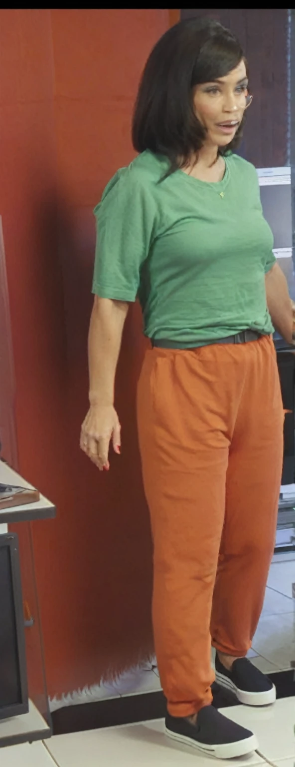 there is a woman standing in front of a computer screen, red shirt brown pants, wearing an orange t-shirt, wearing an orange t shirt, wearing pants and a t-shirt, middle shot waist up, wearing pants, wearing an orange jumpsuit, wearing orange prison jumpsuit, orange fluffy belly, vibrant but dreary orange, hand on hips, large pants