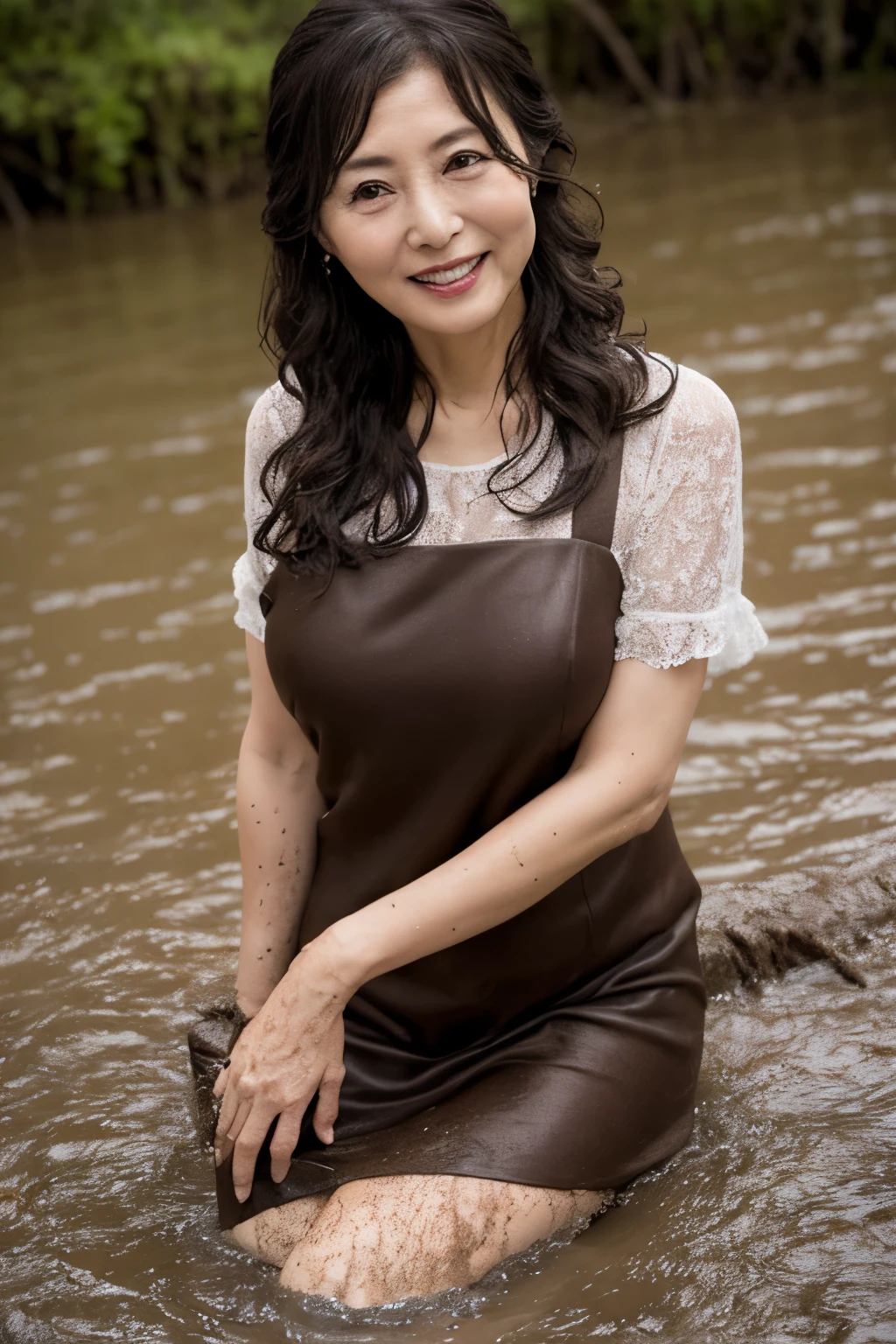 Aunt in Osaka、Organic Photography、best quality、masterpiece、Ultra-high resolution、Beautiful Japanese old lady、60 years old、looking at the audience、Elegant face、Toothy Smile、Large Breasts、wearing a modest dress、Wavy Hair、mini skirt、Hot Pants, In the mud，Lots of mud and water，Background blur