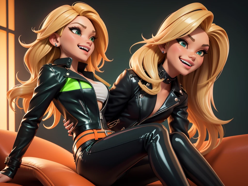 obra prima, melhor qualidade, ((ellen barkin, sandy blonde hair)) head back, sassy wicked, open mouth, big teeth smile, thick smoky black eye shadow, long fake eyelashes, sultry eyes, ((dark orange leather biker jacket,)) biker jacket has stiff collar, leather blouse, ((neon green pvc skinny pants,)) studs zippers snaps, shiny leather gloves, nip slip, body is skinny, laying down hugging each other on sofa, shiny tight buttocks, arched back, mashing breasts, (passionate kissing,) camera view of whole body, looking up at me, shallow depth of field, highres, HD, 8k, anatomically correct