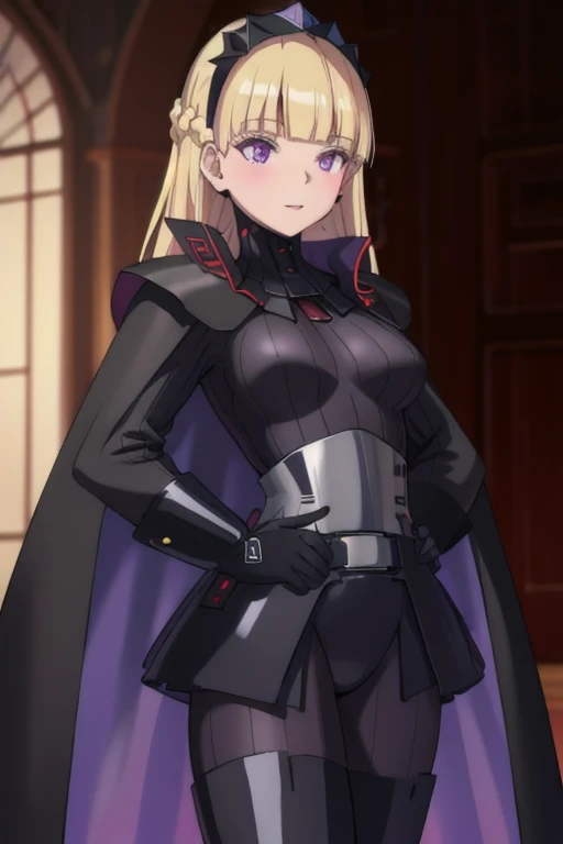 8k,highres,absurdres,masterpiece,best quality,original,extremely detailed CG,extremely detailed wallpaper,perfect lighting,1girl,solo,blurry_background,looking_at_viewer,
AmSW,long hair,blonde hair,black gloves,purple eyes,black hairband,cape,cape covered arms ,black bodysuit,medium breasts,braid,blunt bangs,