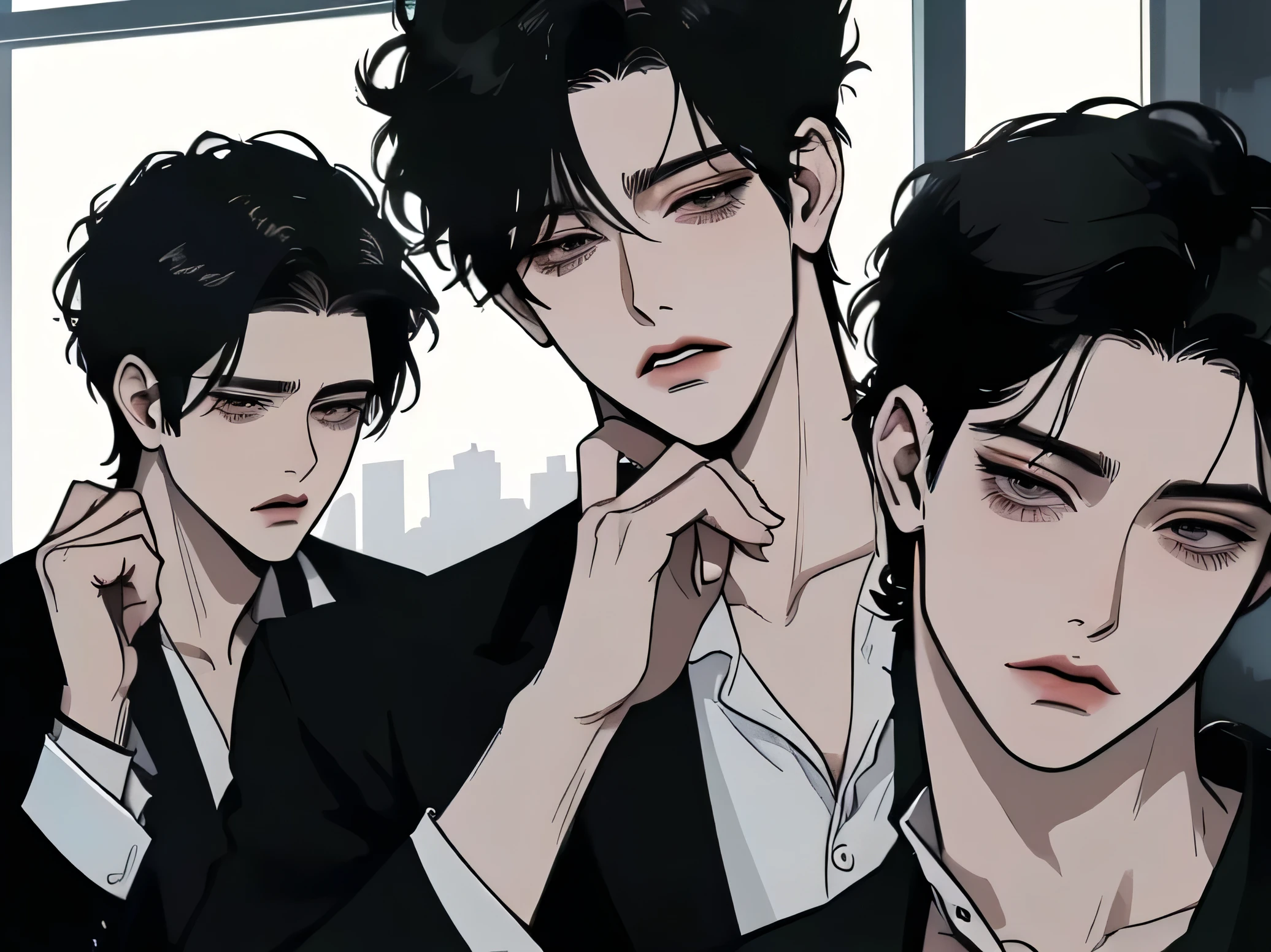 Anime man in his late 40s, black hair, honey eyes, masculine style, very handsome, hollow under eyes, tired look, sunken cheeks, suit, office, very clean, very attractive