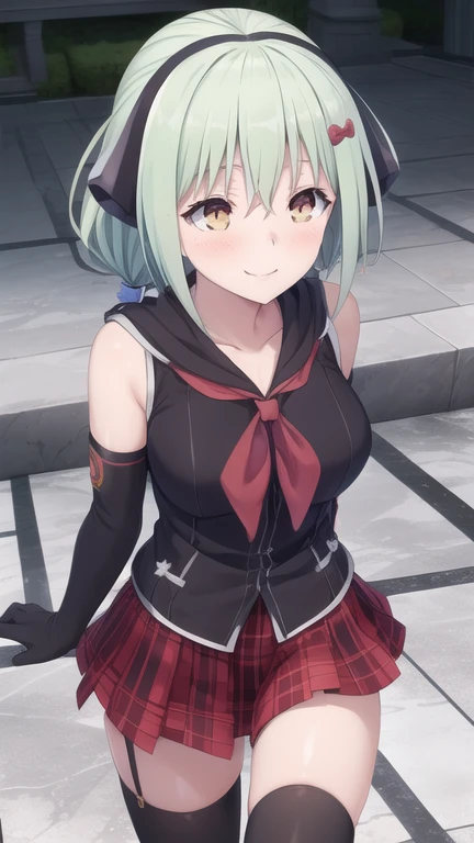 (masterpiece, best quality:1.2),illustration,8k,hd,1girl,solo,cowboy shot,medium breasts,short hair,symbol-shaped pupils,bow,hair bow,hair ornament,skirt,white hair,smile,black thighhighs,plaid skirt,sleeveless shirt,white shirt,ahoge,bare shoulders,hairclip,ascot,detached sleeves,low ponytail,sleeveless jacket,long jacket,loafers,black gloves,yellow eyes,elbow gloves,plaid,pleated skirt,hair ornament,heart hair ornament,seifuku,twintails,zettai ryouiki,