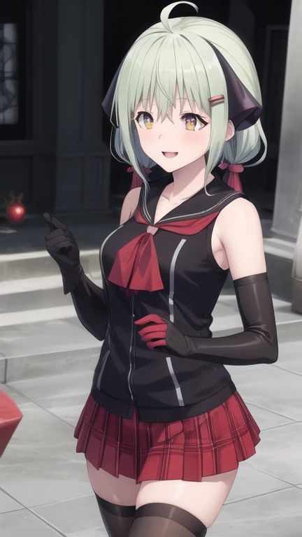 (masterpiece, best quality:1.2),illustration,8k,hd,1girl,solo,cowboy shot,medium breasts,short hair,symbol-shaped pupils,bow,hair bow,hair ornament,skirt,white hair,smile,black thighhighs,plaid skirt,sleeveless shirt,white shirt,ahoge,bare shoulders,hairclip,ascot,detached sleeves,low ponytail,sleeveless jacket,long jacket,loafers,black gloves,yellow eyes,elbow gloves,plaid,pleated skirt,hair ornament,heart hair ornament,seifuku,twintails,zettai ryouiki,
