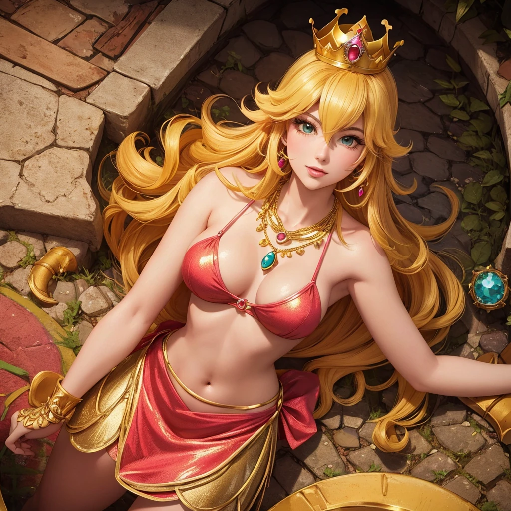 "highly detailed and vibrant illustration of Princess Peach from Super Mario Bros., reimagined with an adult, mature feel. She's supposed to be wearing a small gold crown adorned with intricate designs and a matching gold necklace with a crown-shaped pendant. Princess Peach must be dressed in a small red bikini, green dry sewer pipes.