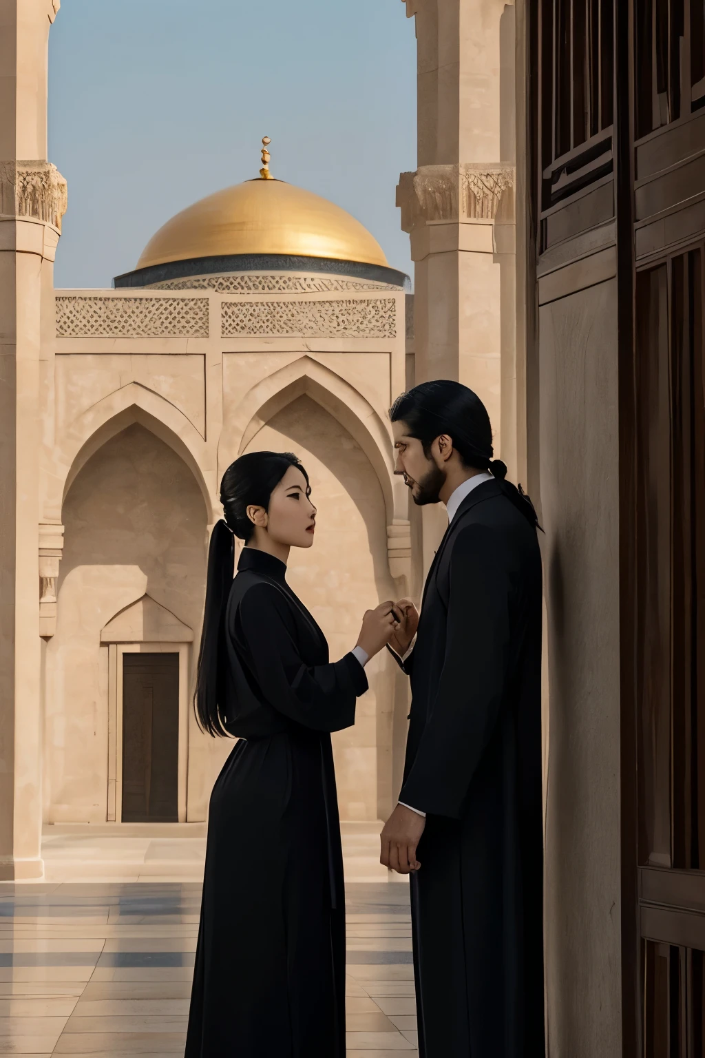 A heated argument unfolds between an Arab man and a Korean woman, both of them standing firmly in front of a majestic, ancient mosque. The Arab man, with dark, flowing robes and a traditionally handsome face, points aggressively, his eyes flashing with passion. The Korean woman, dressed elegantly in a modern suit and her long, straight black hair cascading down in a sleek, low ponytail, counters him with an equally intense demeanor. Their words echo through the peaceful courtyard, creating a striking contrast to the tranquility of the surrounding atmosphere. The sun casts a warm, golden glow on the mosque's intricate architecture, adding to the dramatic tension between the