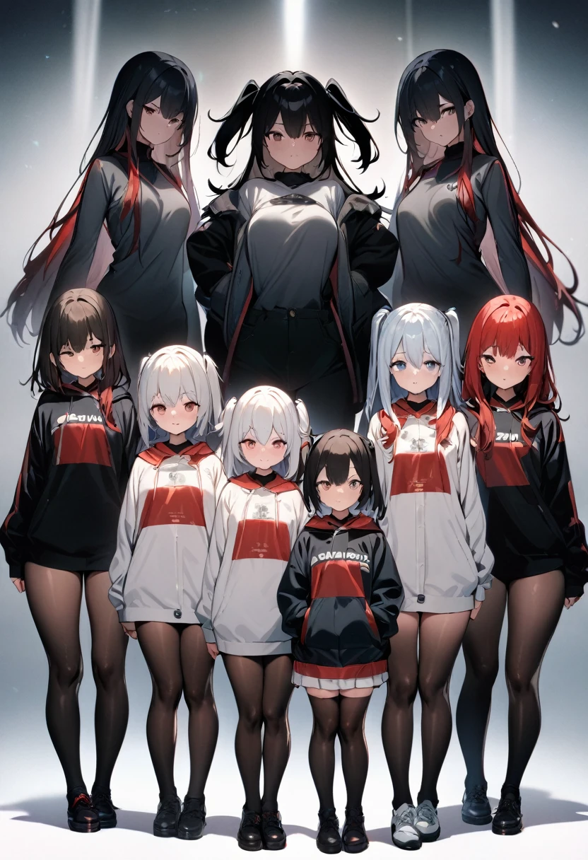 lineup,Multiple Girls,straight-on,tow side up,masterpiece, best quality, very aesthetic, absurdres,black,red,White,Silver,masterpiece, best quality, very aesthetic, Absurdres Student
