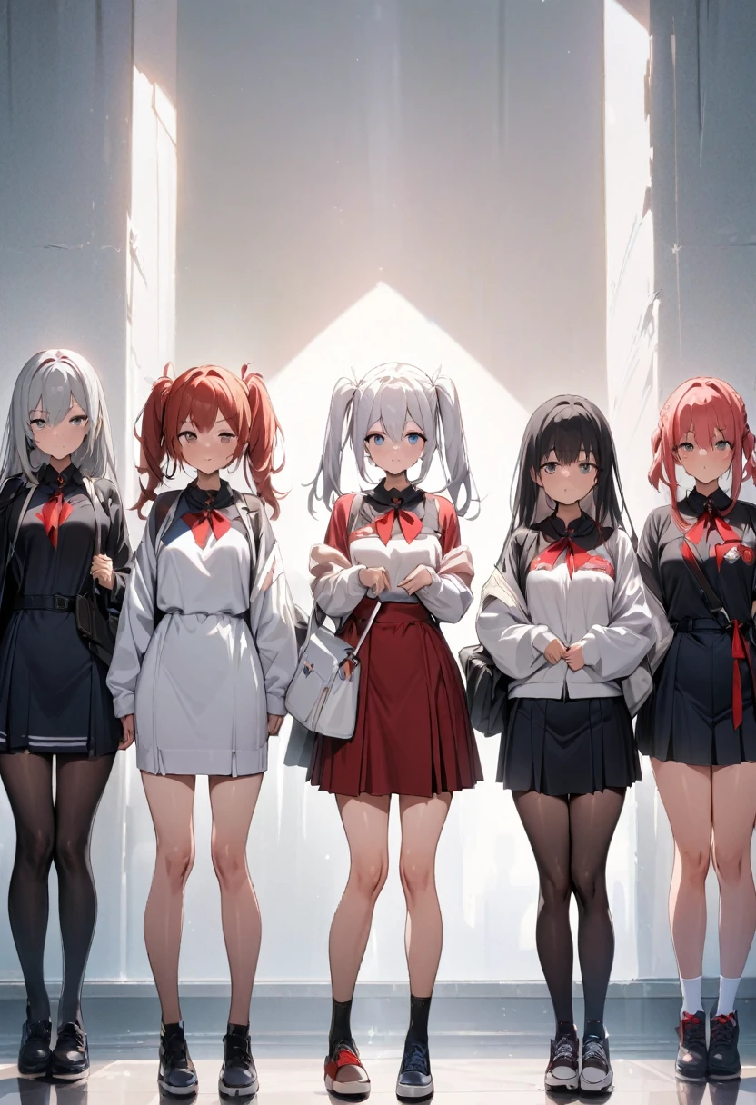 lineup,Multiple Girls,straight-on,tow side up,masterpiece, best quality, very aesthetic, absurdres,black,red,White,Silver,masterpiece, best quality, very aesthetic, Absurdres Student