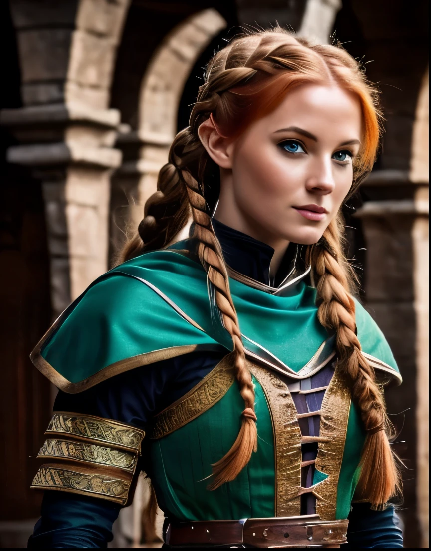 Same woman, 8k resolution, pull camera back, zoom out, wearing a padded arming doublet, masterpiece, best quality, 8k, detailed texture, detailed cloth texture, beautiful detailed face, determined expression, intricate details, ultra detailed, a european woman, green eyes, red auburn hair in a french braid, 3D character, Medieval, no helmet, 1 woman, Medieval woman with a braid, full body view a female warrior, medieval female warrior, very beautiful warrior woman, female character with a determined look and smirk, female warrior, fantasy character, very beautiful woman top model, detailed matte fantasy, beautiful female warrior, full body view