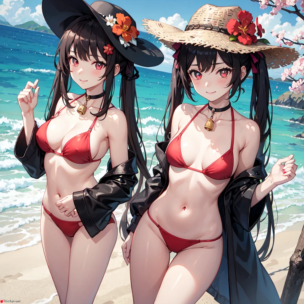 hd,8k,ultra qualty,1girl, ((solo)), hutao_genshin, standing, neck bell, flower, bare arms, very long hair, long hair, twintails, brown hair, red eyes, stomach, cleavage, choker, sidelocks, symbol-shaped pupils, smile, closed mouth, bikini, on stomach, ((flower-shaped pupils)), red bikini, navel, red flower, black choker, bare shoulders, hair ornament, strap slip, hair flower, thighs, day, outdoors, thigh gap, plum blossoms, bell, blush, looking at viewer, ((sky)), blue sky, (beach), sea, sand, ((black headwear)), black hat, black chinese hat,