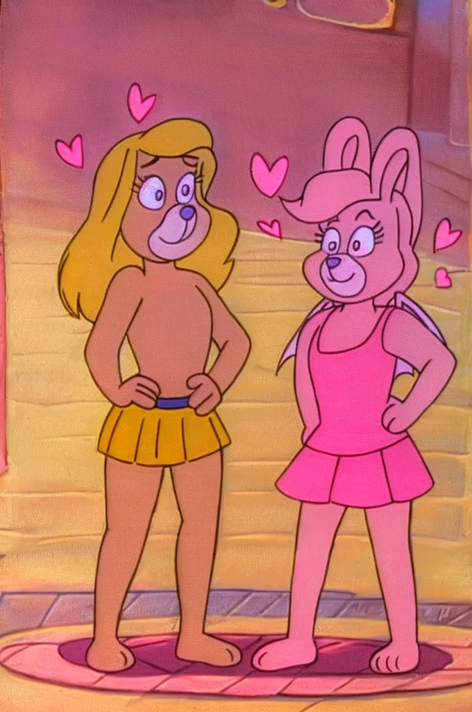 
Furry Yellow bunny with white eyes with hot pink pupil and pink collar with a heart, with mat instead of chest without clothes cartoonish Hanna-Barbera type, Women, Mexican pink volume skirt, BALD, holding her hip, cupid, wings