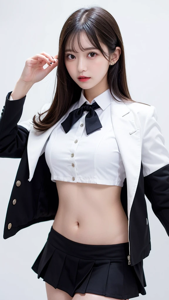 (((forehead、Northern Europe、White people、beautiful girl、Black Hair、White background、Belly button、Idol、uniform、mini skirt、Jacket)))、table top, highest quality, figure, super detailed, finely, High resolution, 8k wallpaper, Perfect dynamic composition, detailed and beautiful eyes, Deco out,bionde, medium hair, super big breasts, Natural color lip,white background, random cute poses,frill dress