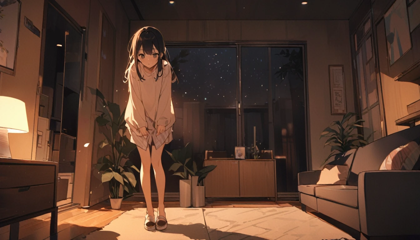 night、Living room at home、Cute black-haired girl in casual clothes、The girl is standing and facing forward、There is no one but the girl、Hands down、Hands don't move