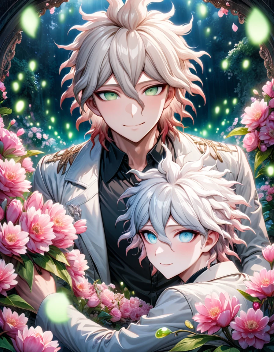 Ultra detailed, Highres, absurdres, HDR, Komaeda Nagito, white hair, expressive light gray-green eyes, Hinata Hajime, light brown hair, expressive green eyes, white coat, black shirt, Danganronpa, fantasy, petals, handsome, two sexy man together, gay couple, love, very detailed eyes and face, master piece, pink flowers, blossoms, pink petals, magical, water, handsome smile, shining blue fireflies,
