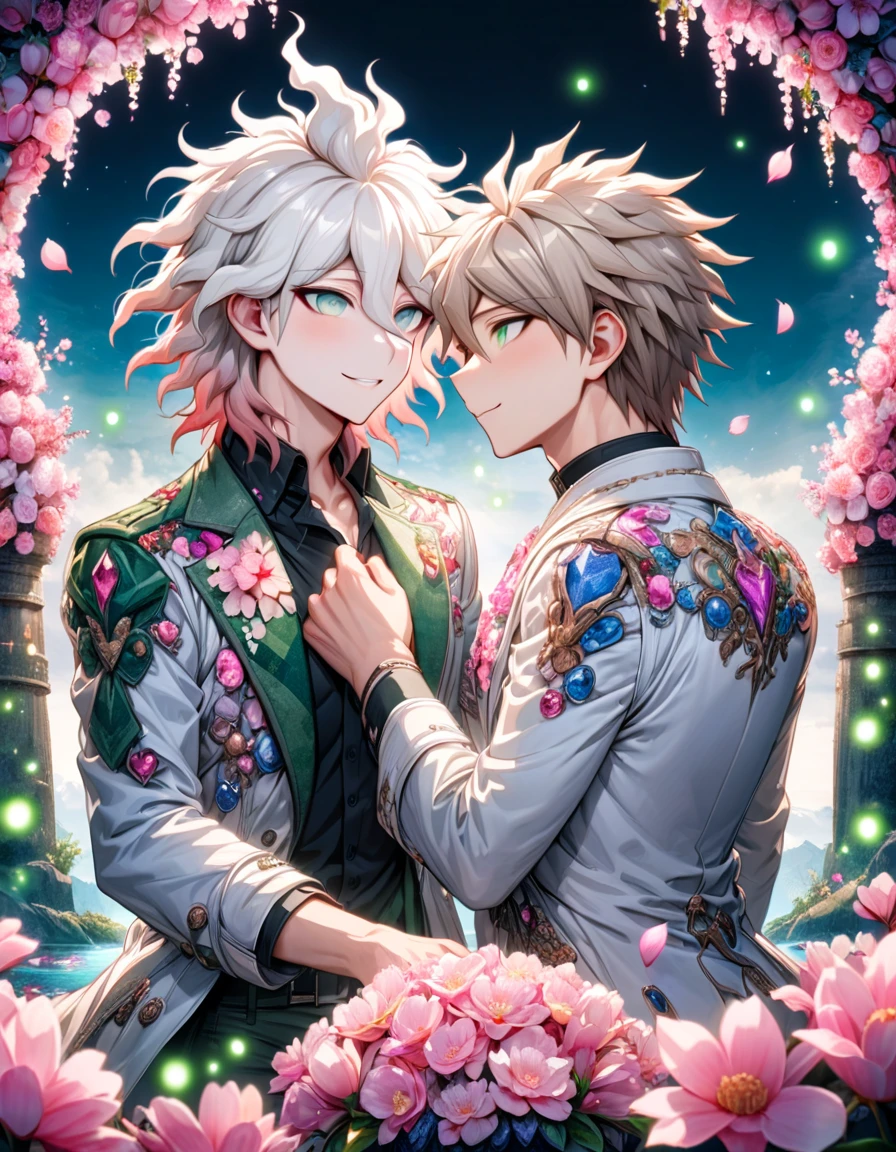 Ultra detailed, Highres, absurdres, HDR, Komaeda Nagito, white hair, expressive light gray-green eyes, Hinata Hajime, light brown hair, expressive green eyes, white coat, black shirt, Danganronpa, fantasy, petals, handsome, two sexy man together, gay couple, love, very detailed eyes and face, master piece, pink flowers, blossoms, pink petals, magical, water, handsome smile, shining blue fireflies,