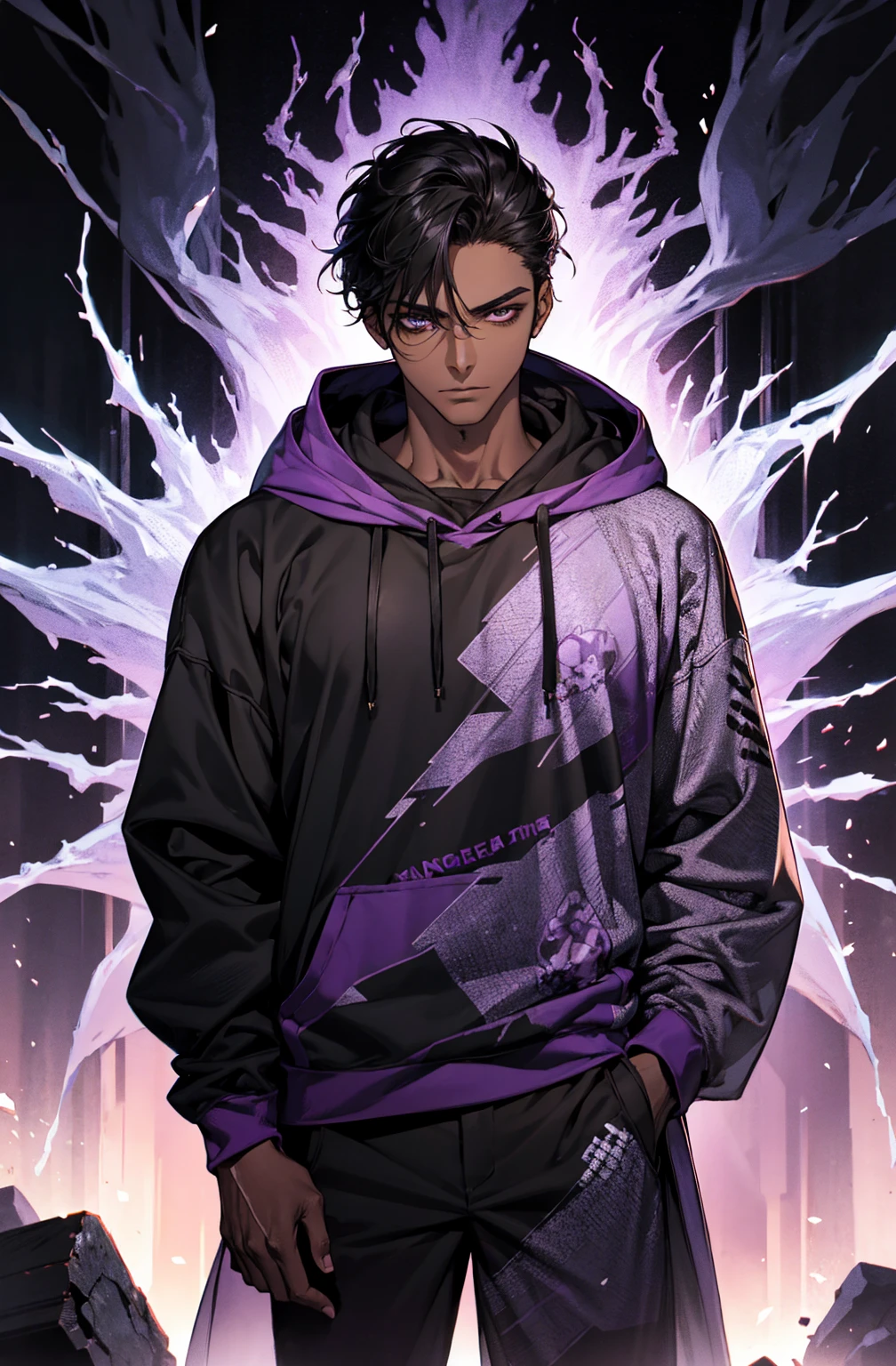 male with bones, looking away from camera, skulls, bones, handsome, black, dark skin, tall, broad shoulders, black hair, purple, purple fire, magic, detailed face, fantasy, hoodie