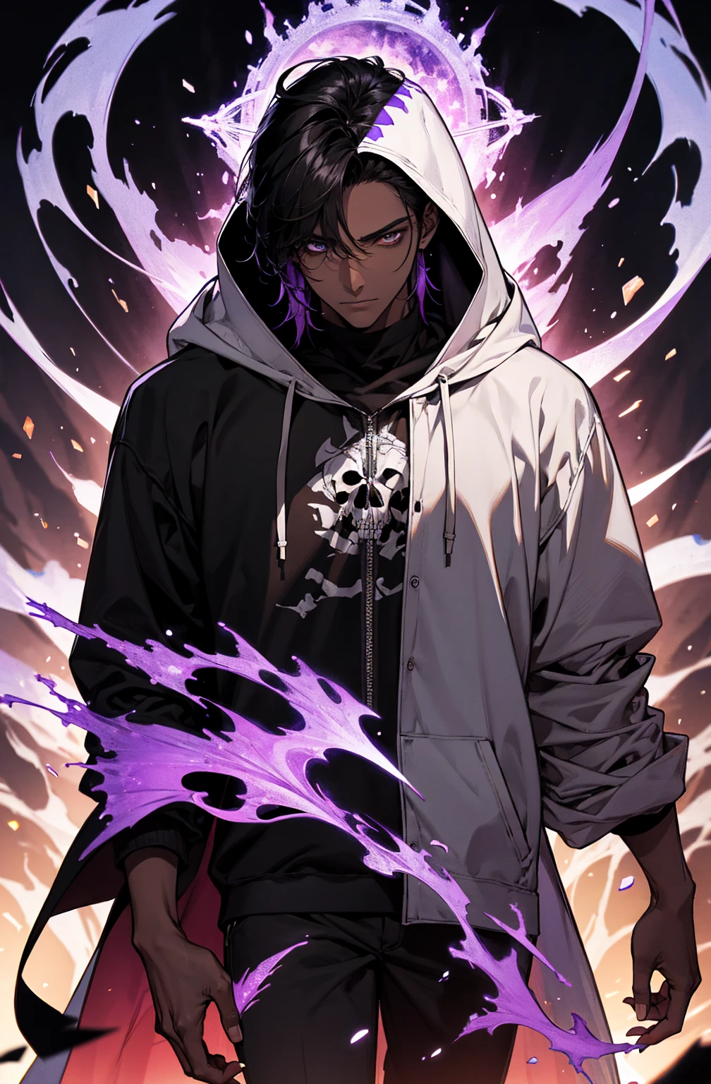 male with bones, looking away from camera, skulls, bones, handsome, black, dark skin, tall, broad shoulders, black hair, purple, purple fire, magic, detailed face, fantasy, hoodie