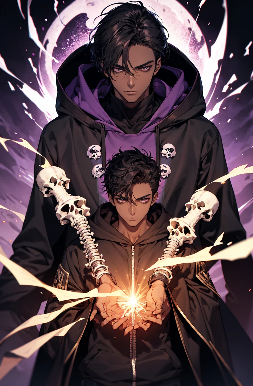male with bones, looking away from camera, skulls, bones, handsome, black, dark skin, tall, broad shoulders, black hair, purple, purple fire, magic, detailed face, fantasy, hoodie