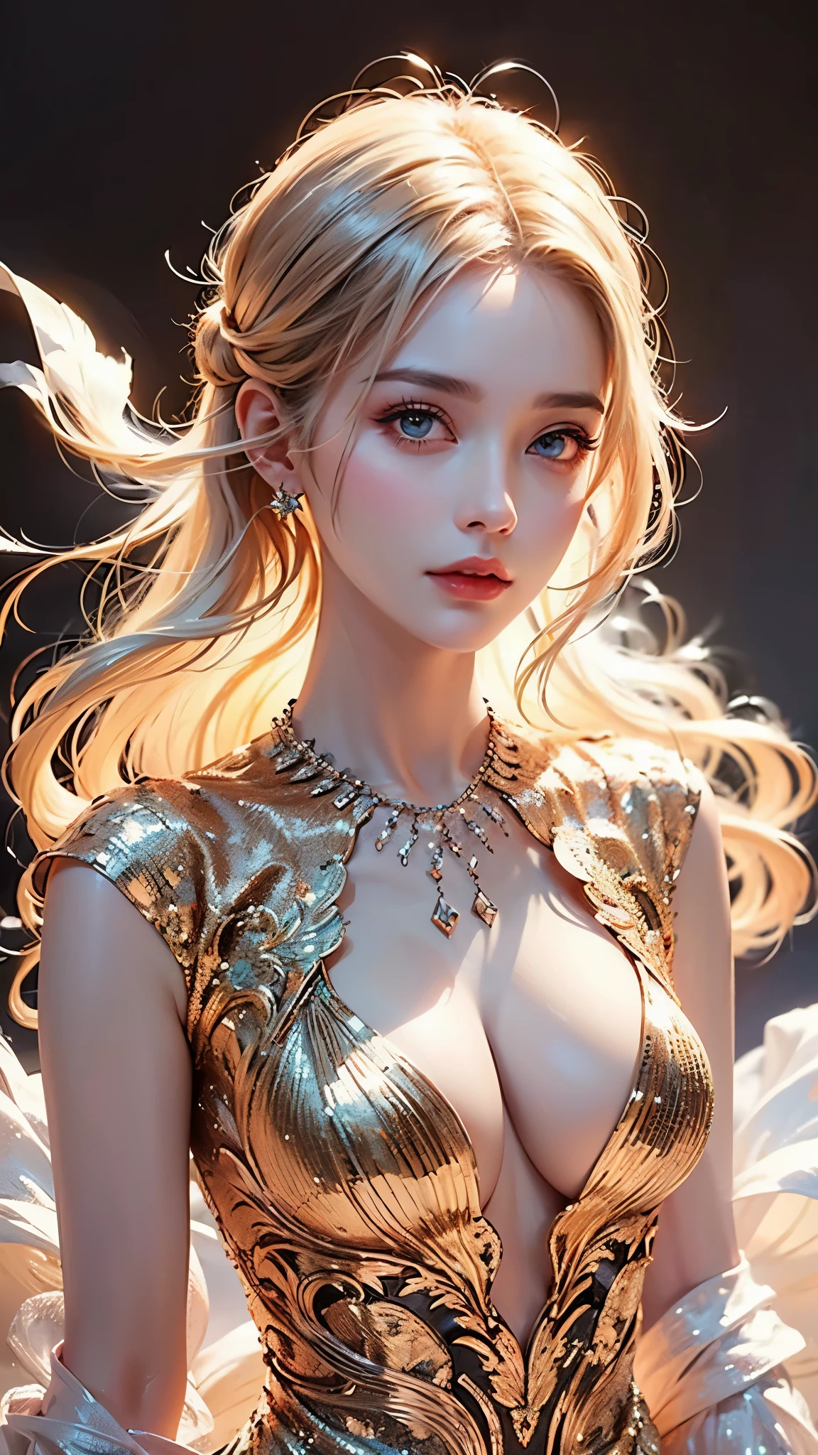 elegant woman in a luxurious ballroom, (masterpiece, top quality, official art, Beautiful and beautiful:1.2), (1 beautiful girl), Surreal science fiction, High resolution, Super detailed, Ultra-precise depiction, alone, (Zentangle:1.2), flowing white hair, shiny skin, (Abstract:1.2), Red shawl, looking at the audience, cyberpunk robot, complex, halo, photorealistic, 8k, ultra-detailed, highly realistic, cinematic lighting, flawless skin, piercing eyes, beautiful flowing hair, intricate makeup, stunning evening gown with sequins and shimmering details, graceful pose, soft natural lighting, warm color tones, masterpiece, art of the highest quality