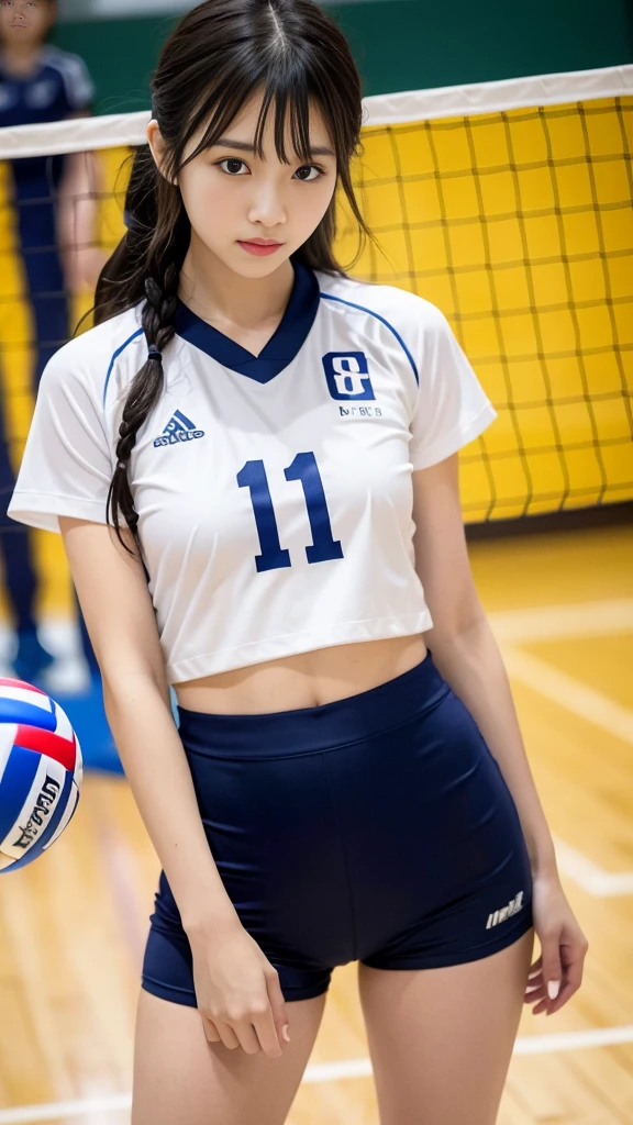 (8K, RAW Photos, Highest quality, masterpiece: 1.2), masterpiece, 超detailed, Ultra-high resolution energy A, (Realistic and photorealistic photography: 1.37), High-resolution RAW color photos, Very delicate and beautiful., About Igree, 8K Wallpaper, wonderful, detailed, 非常にdetailedな目, 非常にdetailedな皮膚, 非常にdetailedな指, 非常にdetailedな鼻, 非常にdetailedな口, Perfect Anatomy,One Girl, (Volleyball Uniforms), Blurred, Blurred Background, Blurred foreground, blush, Braiding, Pectoral muscle, Written boundary depth, Eyebrows visible through hair, frills, Hair between the eyes, Volleyball court, I can see my belly button、short hair, alone, Huge 、Nogizaka idol、Korean Idol、Burning idol pose、 star、18-year-old、expensive、Korean Idol、Nogizaka idol、 star、Burning idol pose、((Ezvian everywhere)), ((Sculpture Pose))