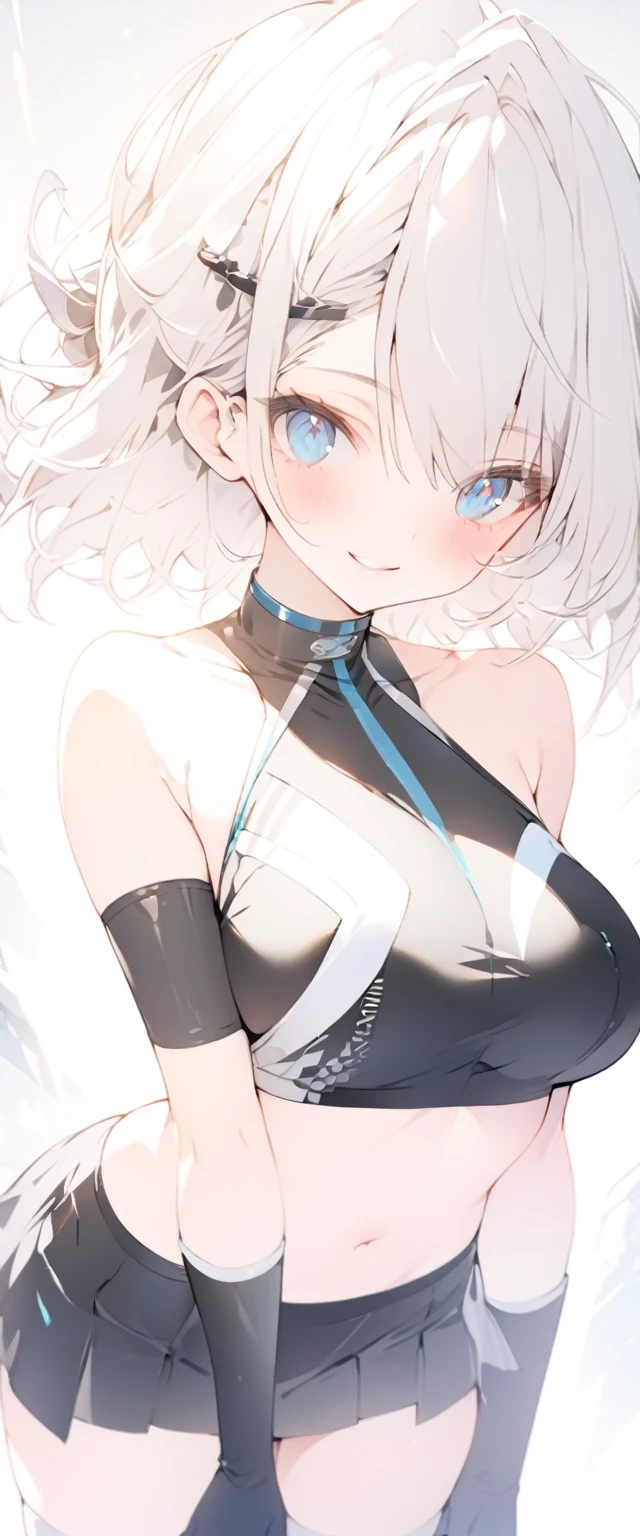 beautiful, masterpiece, Highest quality, anime, One girl, C Cup,Portrait Shot, View your viewers, Covered、Short Hair、nearby、Blue Eyes、art、、White hair,Blue streaked hair、wallpaper、hairpin、Cute smile、Thighs、navel、Black and White_Open race queen、Blue-black_Gloves、Blue-black_Knee-high boots、、Cute、Blue-black_Short skirt、circuit、blue sky、Blue-black_mini skirt、Blue-black_Very short skirt