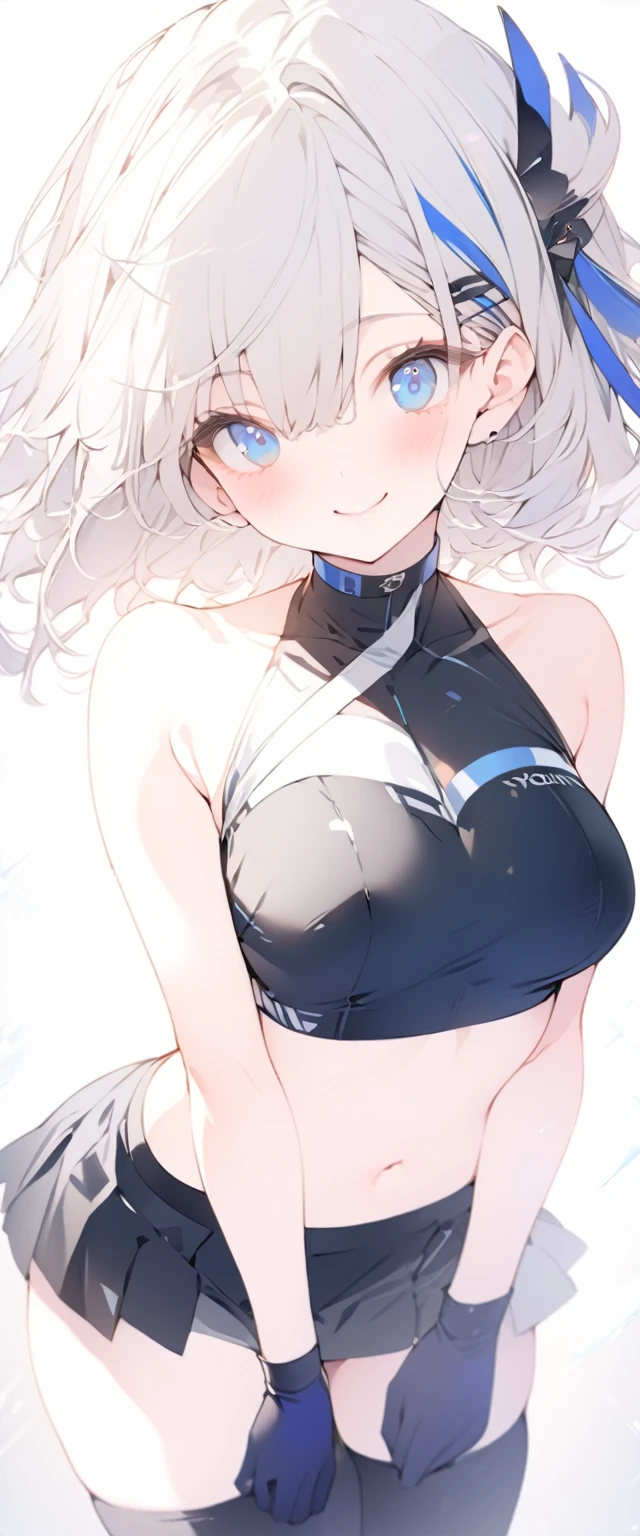 beautiful, masterpiece, Highest quality, anime, One girl, C Cup,Portrait Shot, View your viewers, Covered、Short Hair、nearby、Blue Eyes、art、、White hair,Blue streaked hair、wallpaper、hairpin、Cute smile、Thighs、navel、Black and White_Open race queen、Blue-black_Gloves、Blue-black_Knee-high boots、、Cute、Blue-black_Short skirt、circuit、blue sky、Blue-black_mini skirt、Blue-black_Very short skirt