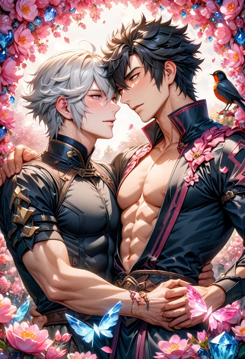 absurdres, highres, ultra detailed, HDR, master piece, best quality, Robin, white hair, short hair, hair between the eyes, expressive brown eyes, fire emblem awakening, Lon'qu, black hair, expressive gray eyes, two sexy men together, yaoi, gay couple, handsome, toned chest, black tunic, magical, fantasy, shining, water, pink flowers, pink blossoms, pink butterflies, pink petals