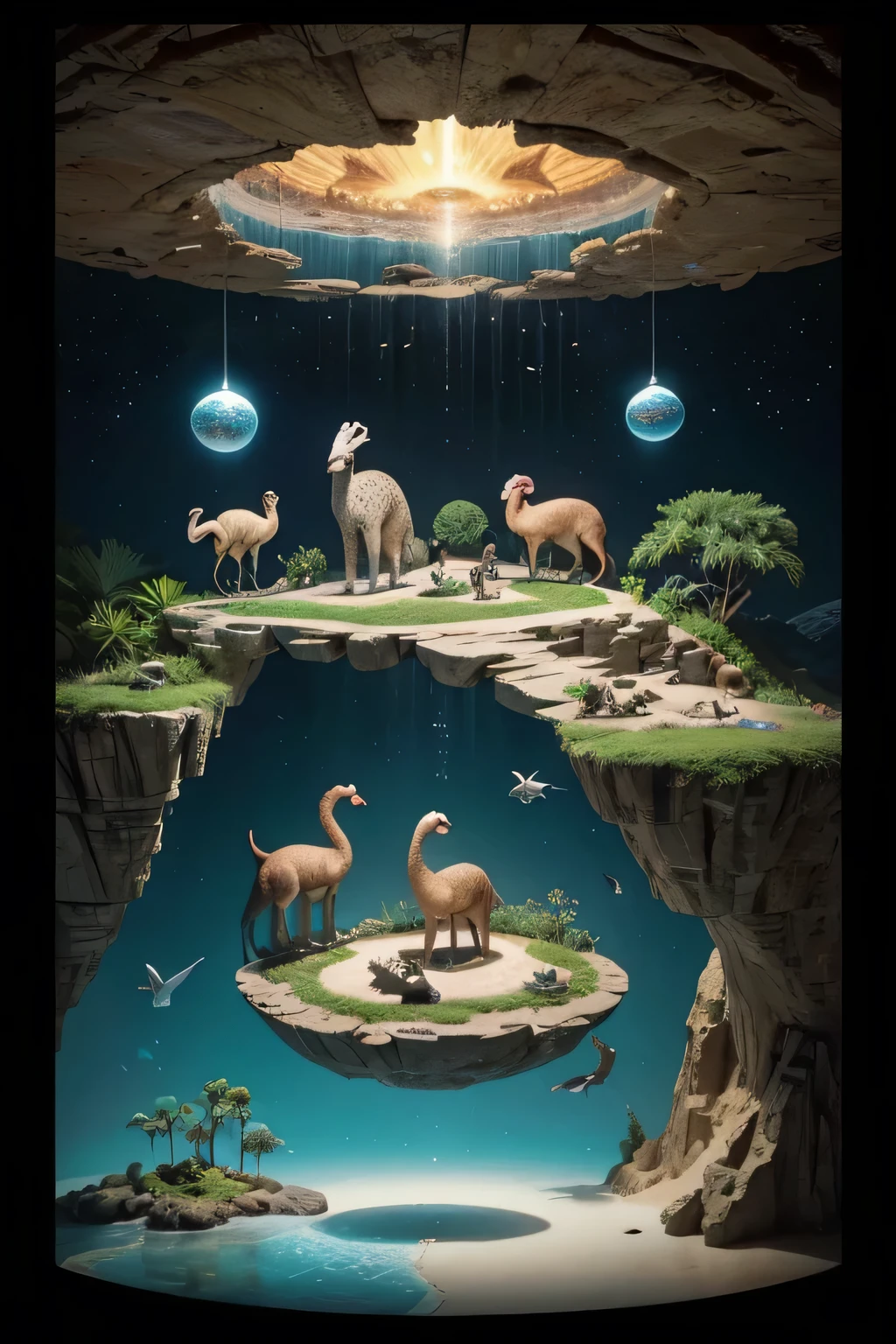 create a game's home screen, where the player will see the entire display of stages that they will have to play and win to advance in the game. Our game is about the world of animals. so in our display there will be small worlds represented by a country and its typical animals from the region, such as Africa and elephants, giraffes and lions, Australia kangaroo, Antarctic penguins, Brazil jaguar and blue macaw, camel in the desert, flamingos in Hawaii, dinosaurs in prehistoric times, llamas in Mexico, create 7 worlds (the worlds have conical shapes ranging from the center of the earth to the surface. Make a track for our gamer to walk with his avatar as he passes the level and goes to the next floating conical world . place the worlds arranged in a zig zag, do not place them in a row.