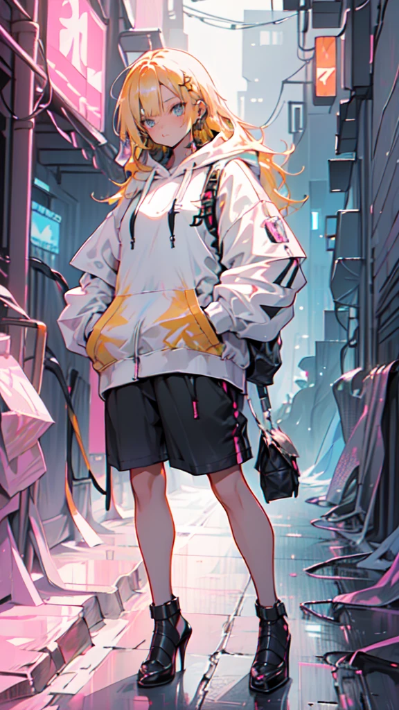 a girl with long yellow hair, blue eyes, wearing an orange hoodie and black heels, in a cyberpunk setting with her hand in her pocket, pink background