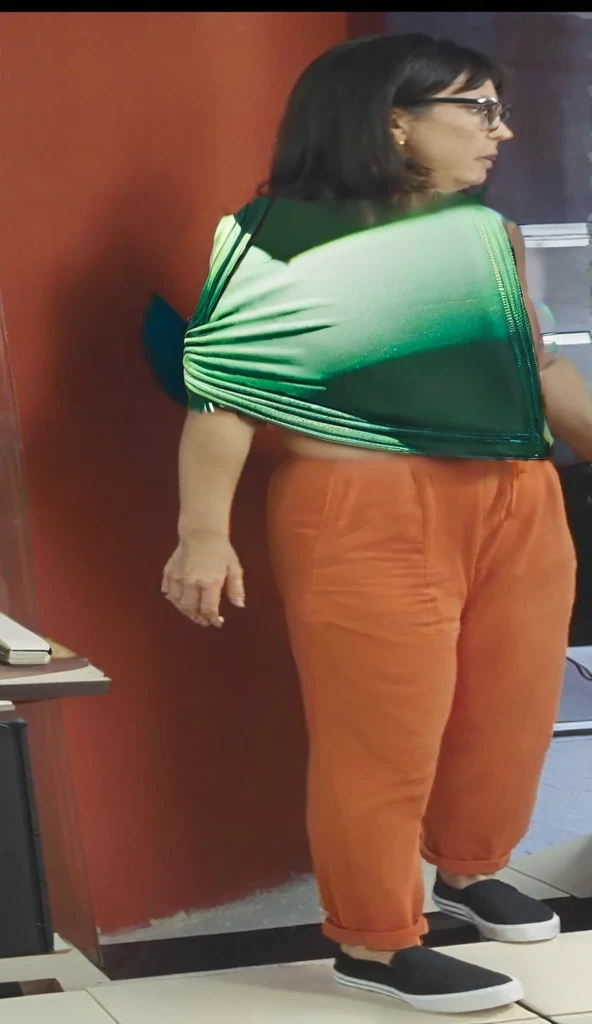 She's shirtless., she's wearing a white bra