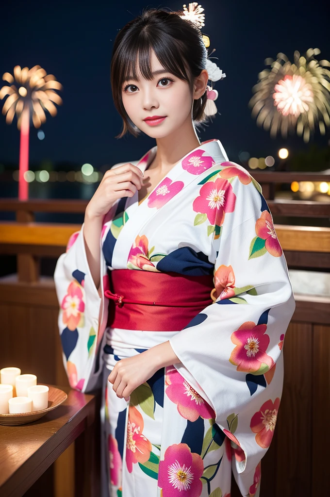 (8K、RAW Photosgraphy、Highest quality、masterpiece:1.2)、(Realistic、Photorealistic:1.37)、Ultra-high resolution、One Girl、cute、solo、night、Sitting、date、(Nose redness)、(Laughter:1.1)、(Closed)、huge 、Beautiful Eyes、(short hair:1.2)、(((Fireworks bursting into the sky、night)))、(((kimono、yukata)))、Cleavage、Perfect body、Perfect Fingers、Professional Lighting、Japanese Goddess、gravure、Detailed face and skin texture、Detailed eyes、RAW Photos