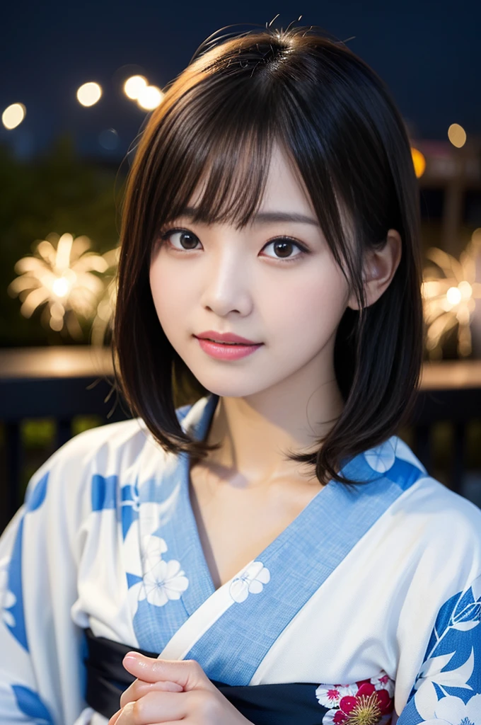 (8K、RAW Photosgraphy、Highest quality、masterpiece:1.2)、(Realistic、Photorealistic:1.37)、Ultra-high resolution、One Girl、cute、solo、night、Sitting、date、(Nose redness)、(Laughter:1.1)、(Closed)、huge 、Beautiful Eyes、(short hair:1.2)、(((Fireworks bursting into the sky、night)))、(((kimono、yukata)))、Cleavage、Perfect body、Perfect Fingers、Professional Lighting、Japanese Goddess、gravure、Detailed face and skin texture、Detailed eyes、RAW Photos