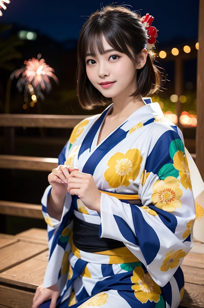 (8K、RAW Photosgraphy、Highest quality、masterpiece:1.2)、(Realistic、Photorealistic:1.37)、Ultra-high resolution、One Girl、cute、solo、night、Sitting、date、(Nose redness)、(Laughter:1.1)、(Closed)、huge 、Beautiful Eyes、(short hair:1.2)、(((Fireworks bursting into the sky、night)))、(((kimono、yukata)))、Cleavage、Perfect body、Perfect Fingers、Professional Lighting、Japanese Goddess、gravure、Detailed face and skin texture、Detailed eyes、RAW Photos